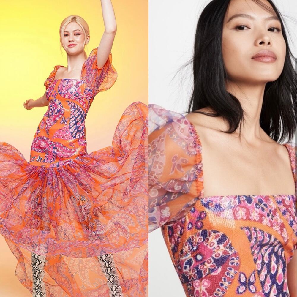 Staud Wilde Sequined Paisley Printed Organza Maxi Dress/Gown Orange Pink Size 0